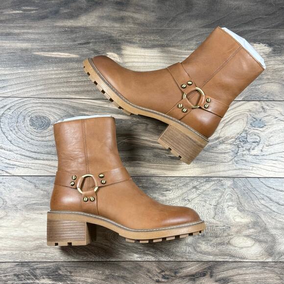 Steve Madden Cordelia 9M Cognac Leather Block Heel Harness Biker Ankle Boot - Picture 6 of 12